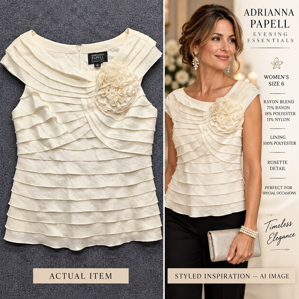 Adrianna Papell Rosette Blouse Womens Tiered Ruffle Evening Top Cream 6 Exc